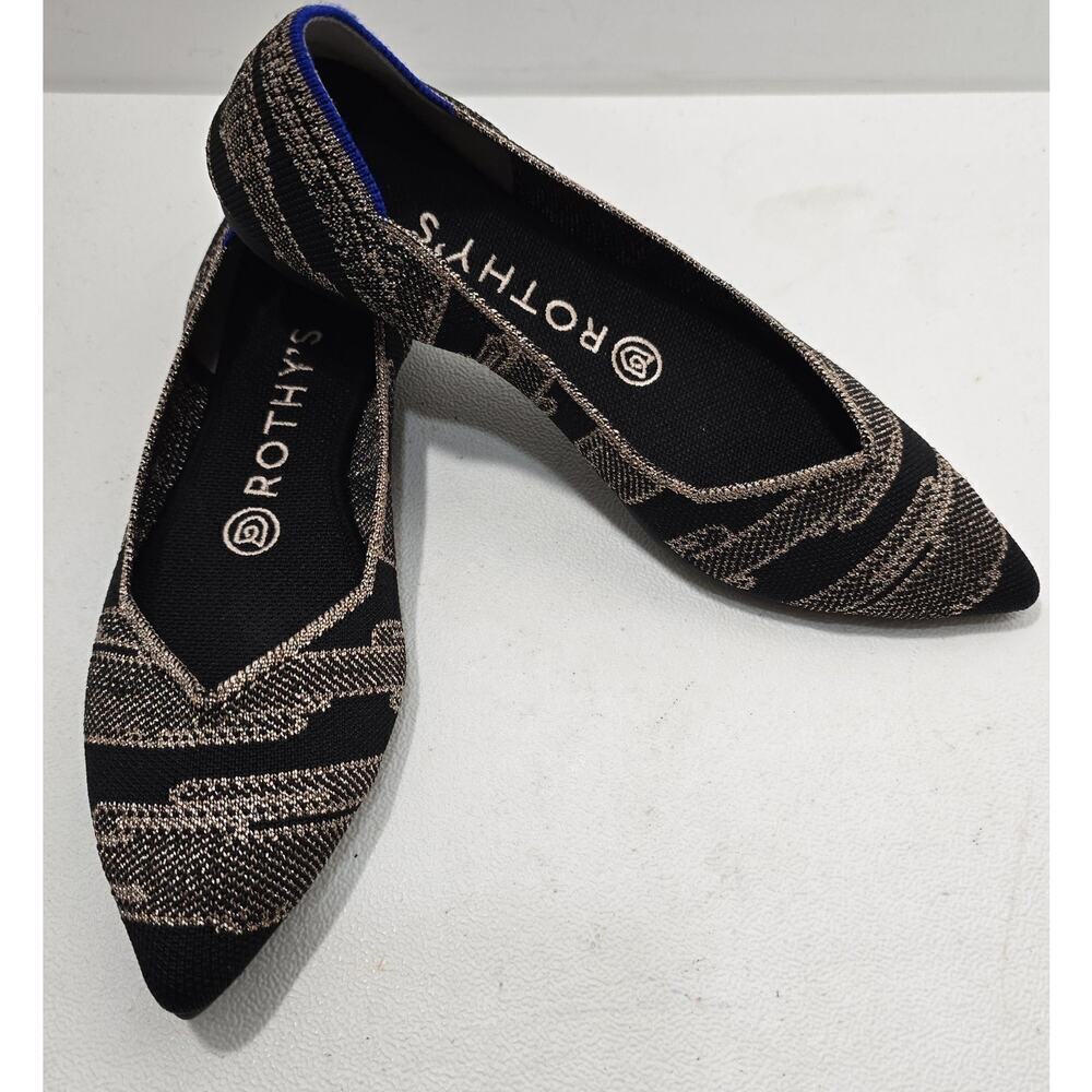 Rothy's Golden Shimmer Points Flats Black Gold Womens Size 6.5 Metallic Classic